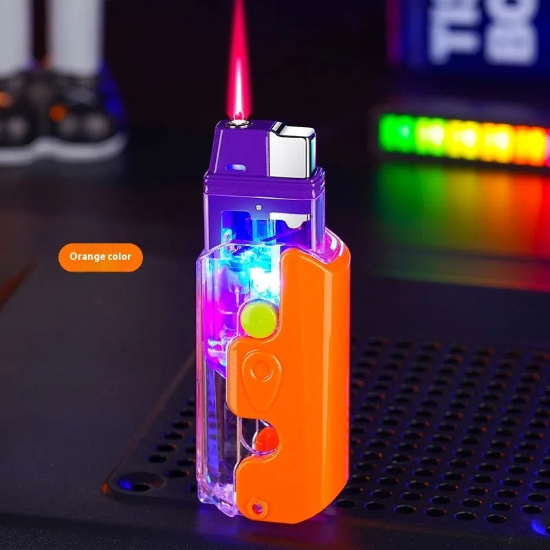 Colourful luminous radish design plastic windproof lighter in orange, purple, or green.