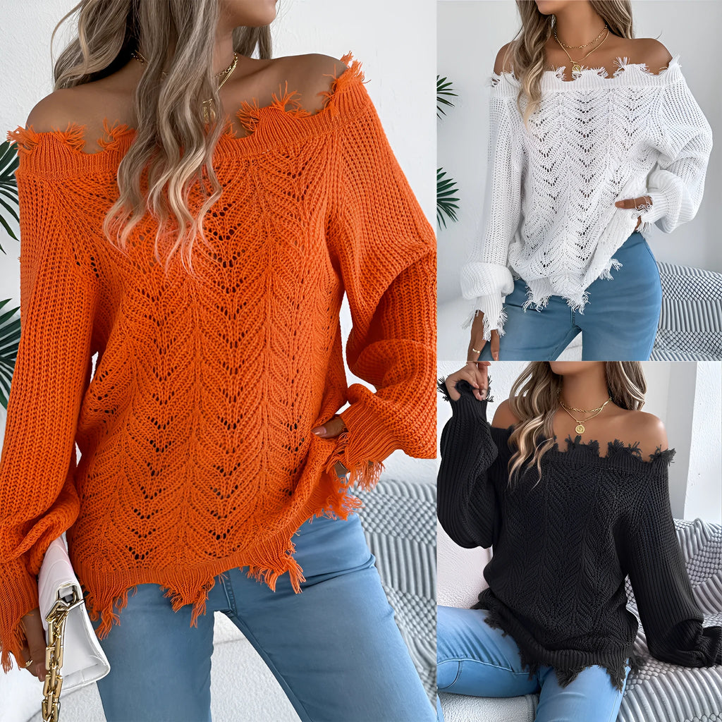 White hollow-out cut off-the-shoulder long sleeve pullover sweater on a hanger showing acrylic knit fabric detail.