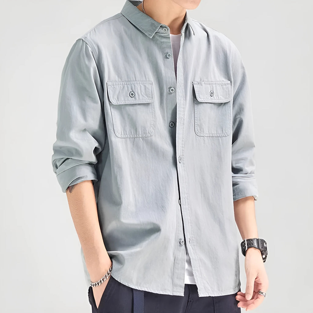Men's loose-fitting cardigan style long sleeve shirt in polyester fibre fabric