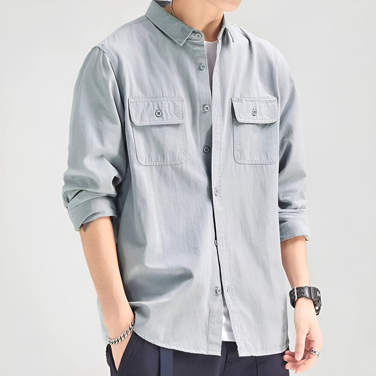 Men's loose-fitting cardigan style long sleeve shirt in polyester fibre fabric