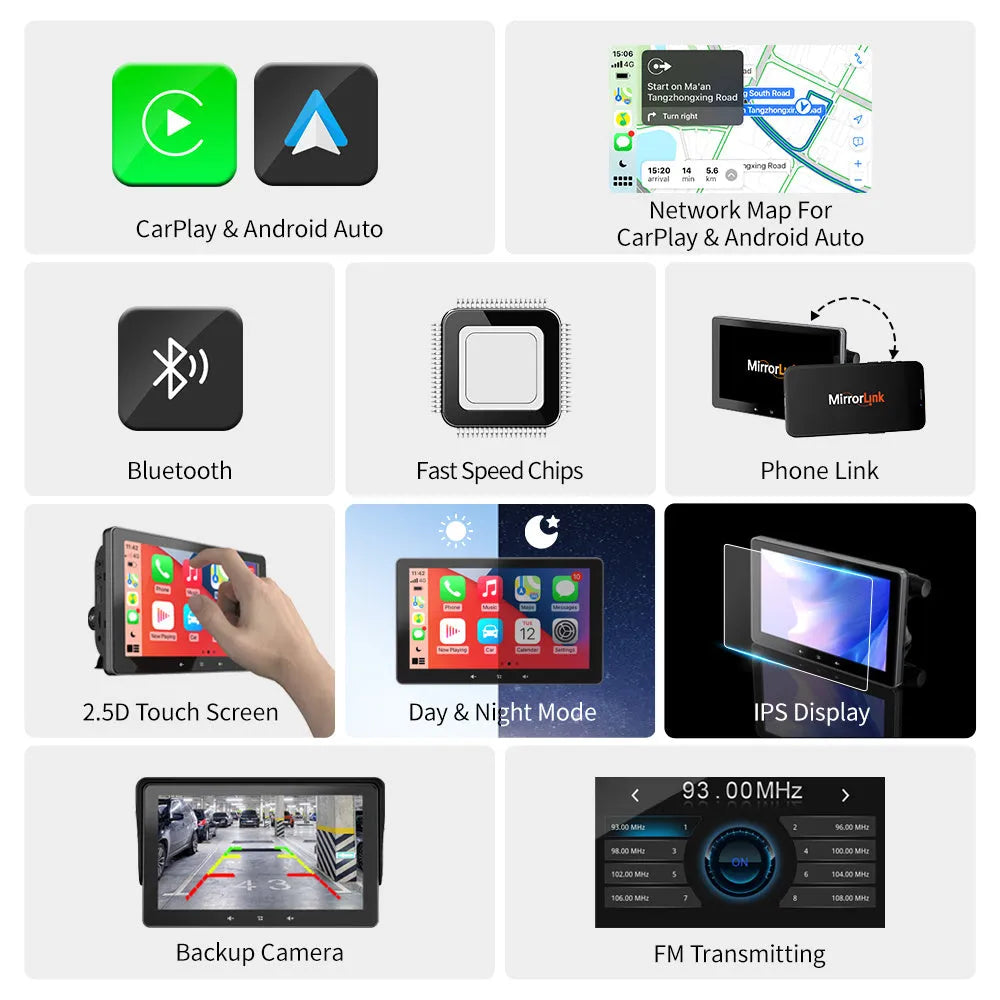 7-inch wireless CarPlay display for cars with suction cup mount and cigarette lighter power cable