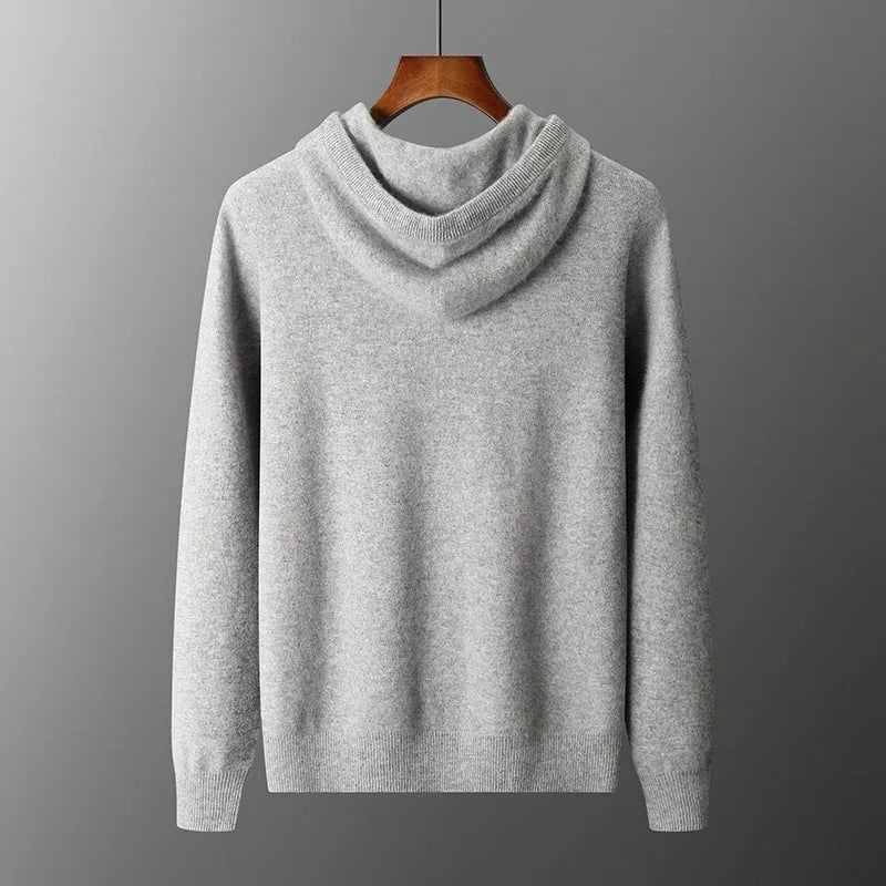 Men's light grey cashmere hoodie and joggers set displayed together as coordinated winter leisurewear
