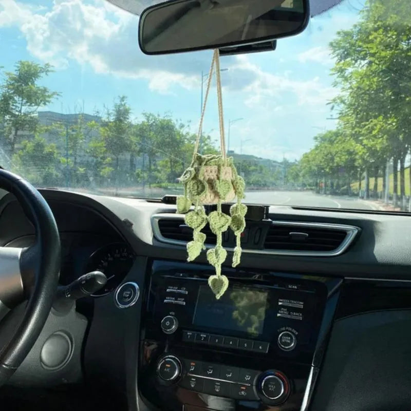 Green and white knitted wool crocheted artificial succulent car plant decoration with 8cm basin