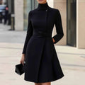 Women's long sleeve bohemian style dress with high waist and stand collar in black colour