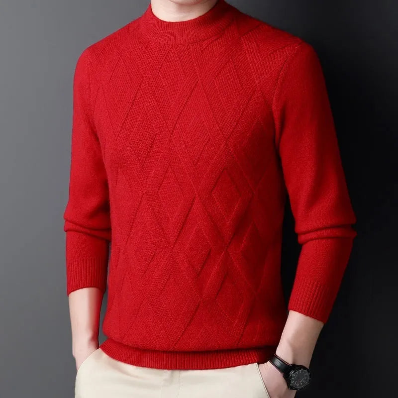 Man wearing a thick diamond jacquard pattern wool blend pullover sweater in a neutral colour.