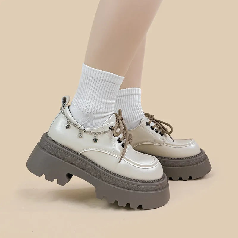 White PU platform Mary Jane shoes with a chunky 6-8cm heel, round toe, and front lace-up.