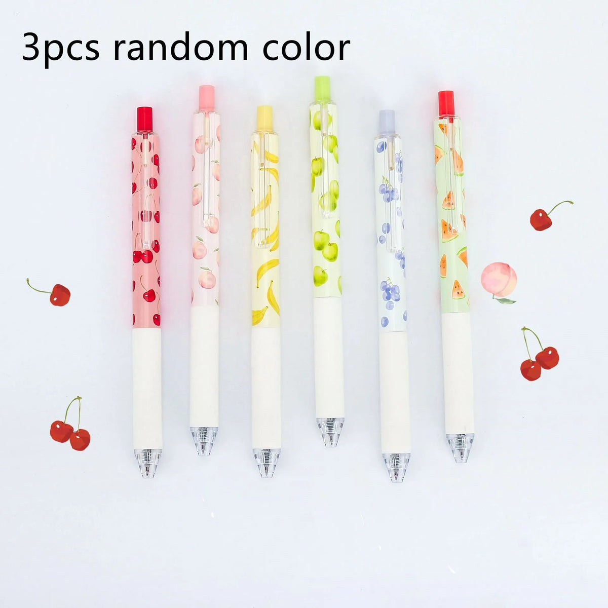 Three fruit scented 0.5mm black ink click pens with plastic barrels and replaceable refills