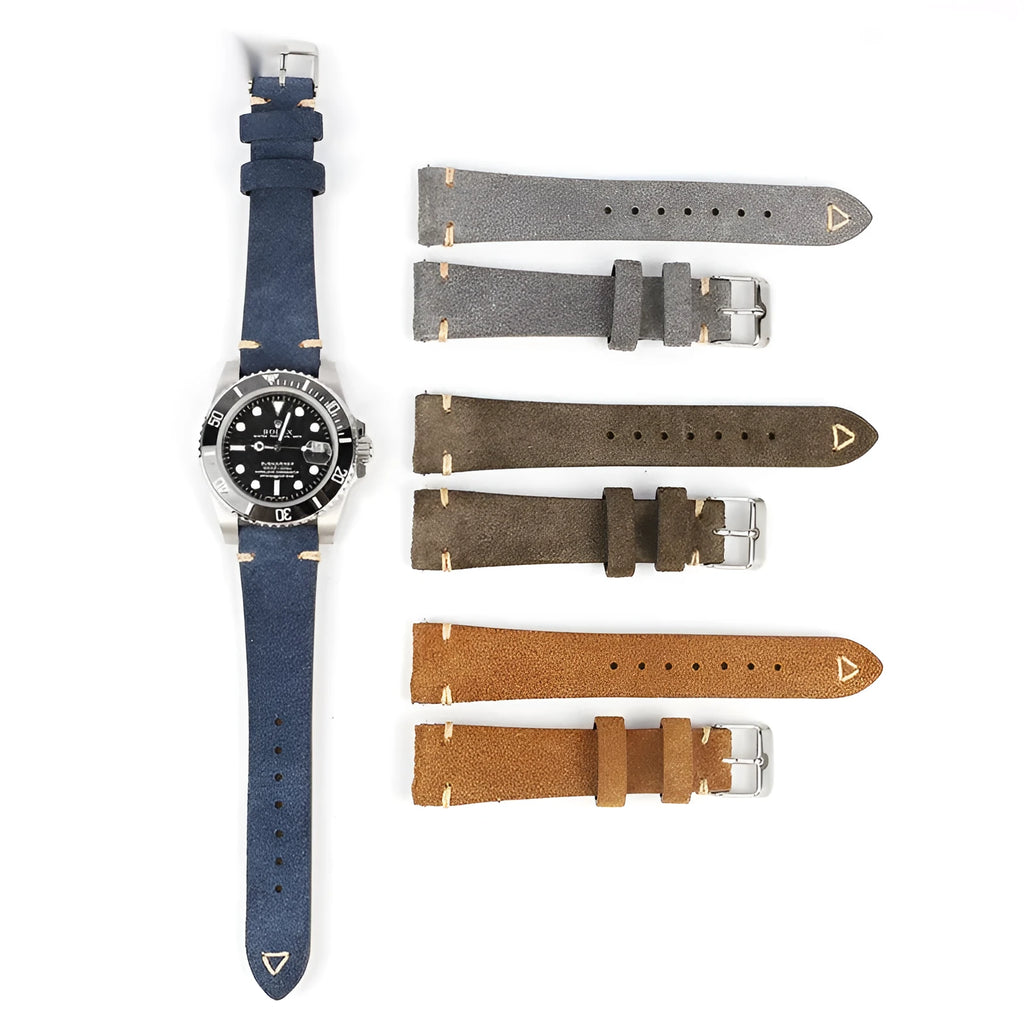 Suede genuine leather small waist watch strap in brown, blue, gray, Army Green for 20mm 22mm watches.