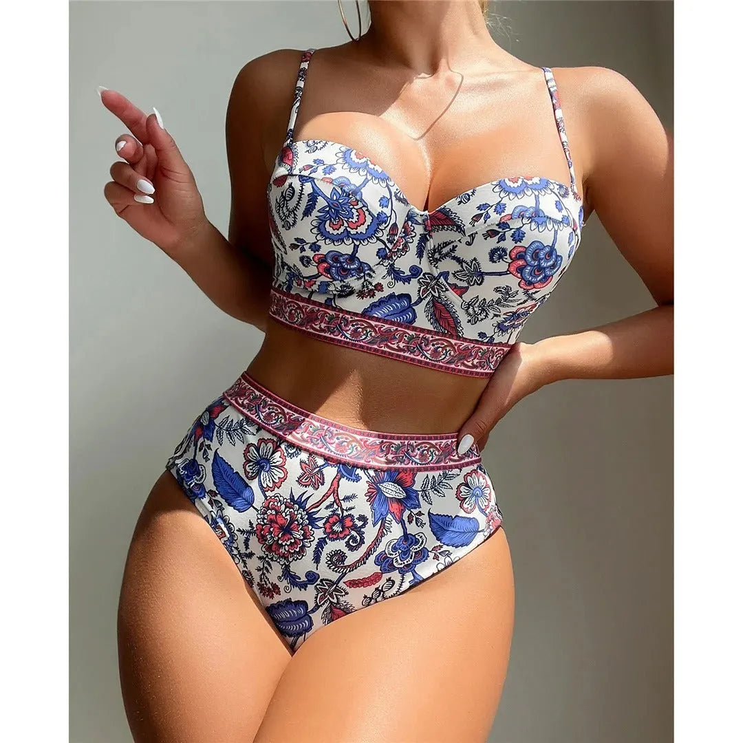 Blue women's high waist push-up bikini swimsuit with sleeveless design for swimming activities