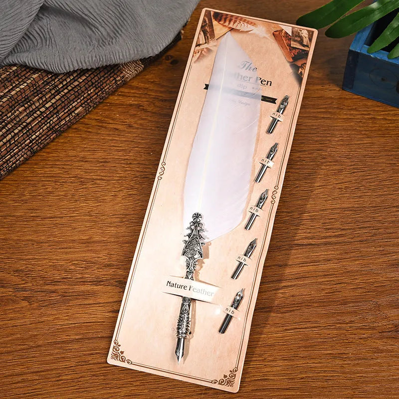 Vintage zinc alloy feather dip pen in retro style measuring 30 cm long