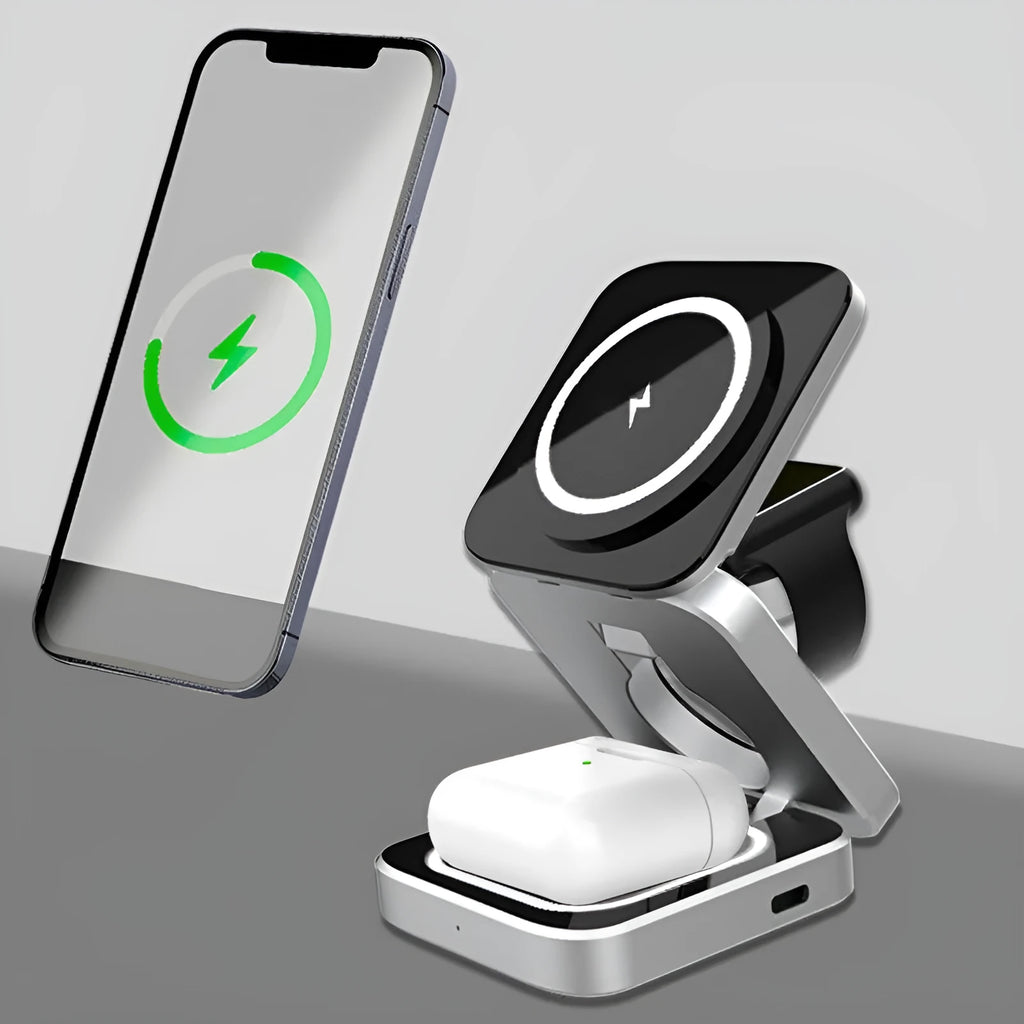 Foldable three-in-one desktop wireless charging bracket shown open and closed
