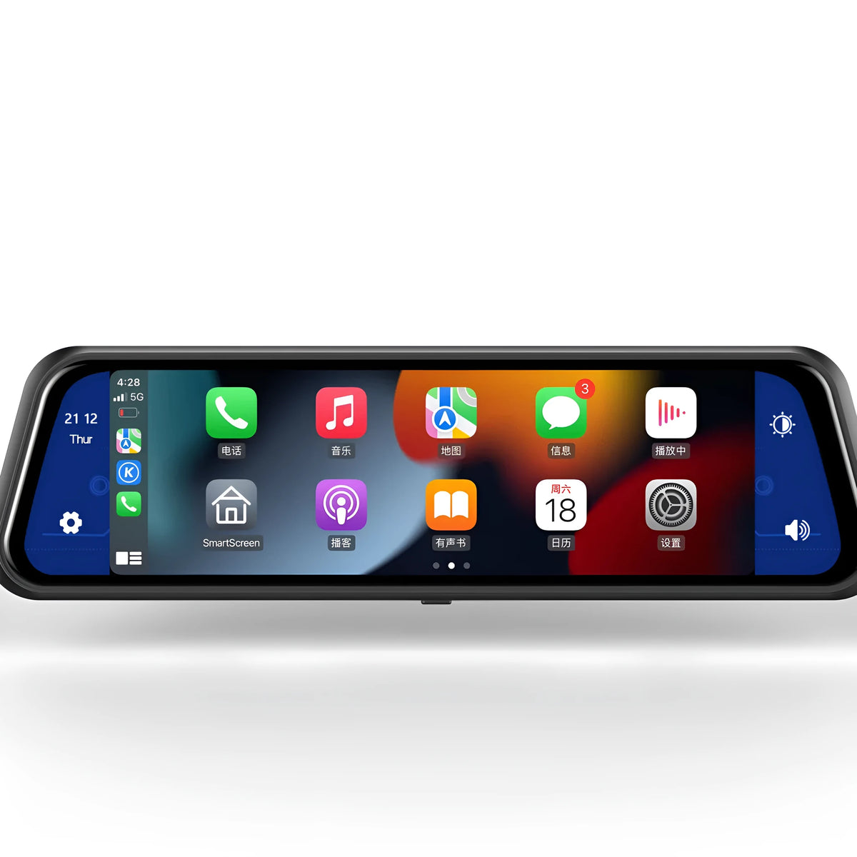 Black dual-lens driving recorder with 9.66-inch touch screen mounted on a car rearview mirror.