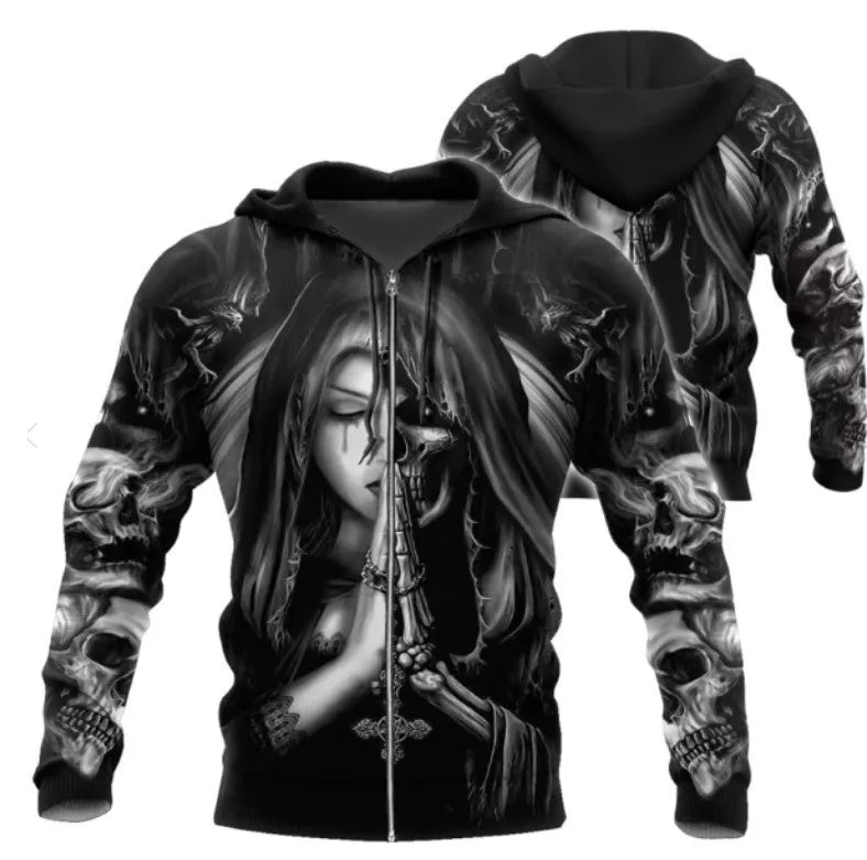 Black hooded sweatshirt with 3D Halloween skull anime graphic print, long sleeves
