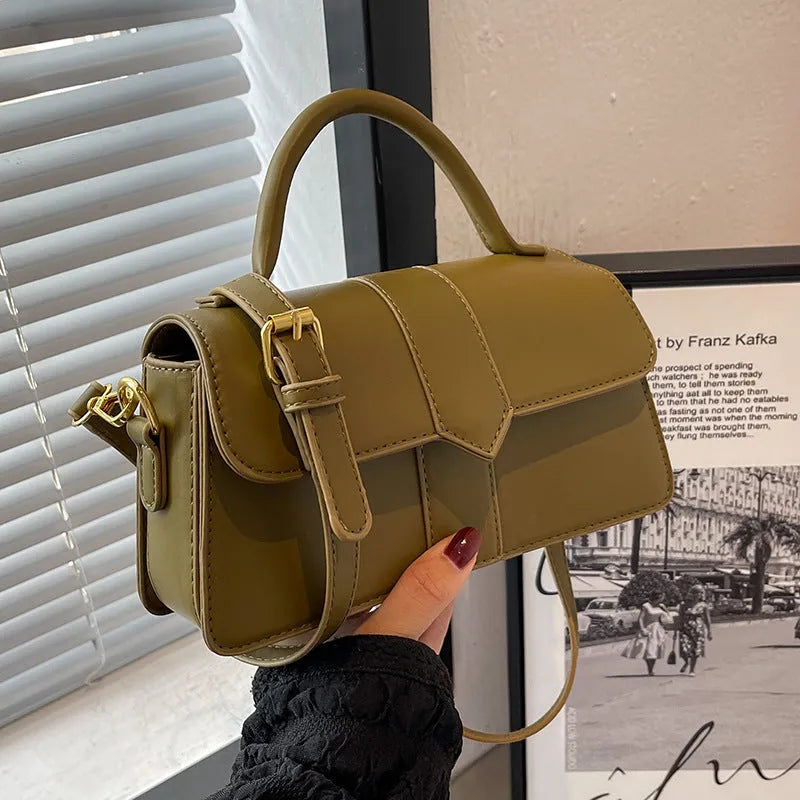 Women's beige PU messenger bag showing front view with sandwich pocket, 22cm width, and handle.