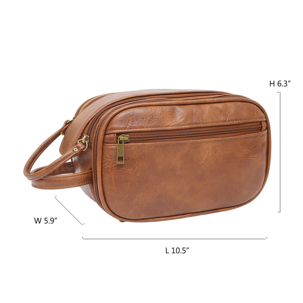 Men's solid colour PU toiletry bag for travel storage and cosmetics, shown in black and brown.