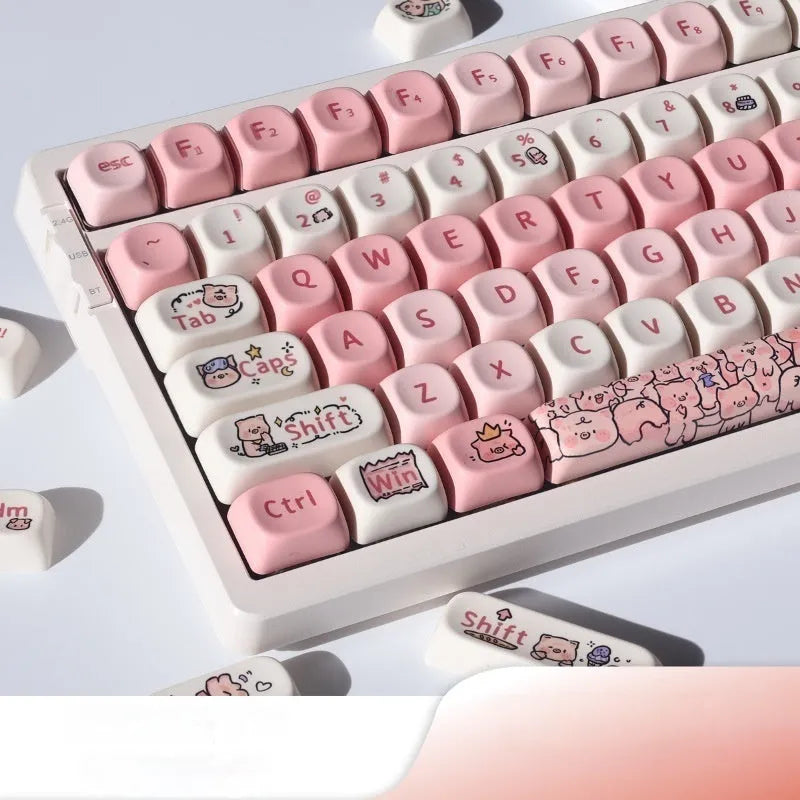 Pink PBT key caps with fragrant pig design for mechanical keyboards with key cap puller