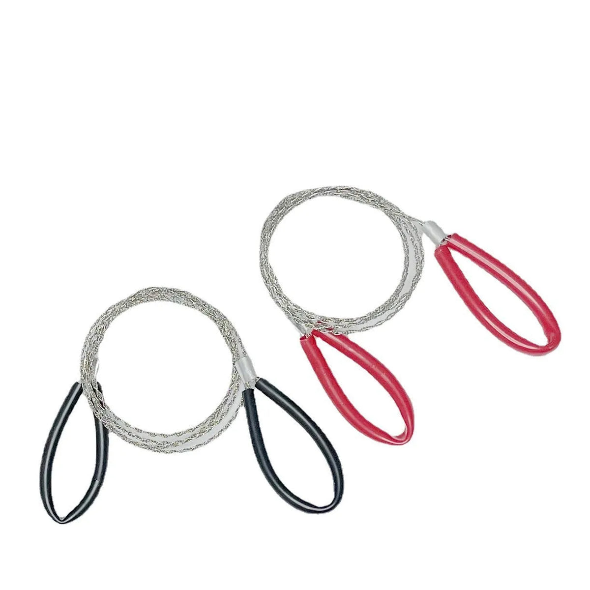 Black and red portable steel wire survival saw with leather carrying case, shown extended to its 70cm length.