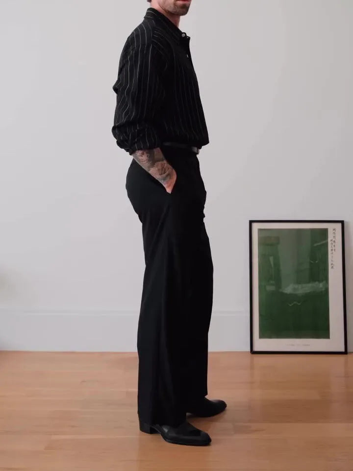 Men's black pinstriped button-down shirt with regular fit and striped design