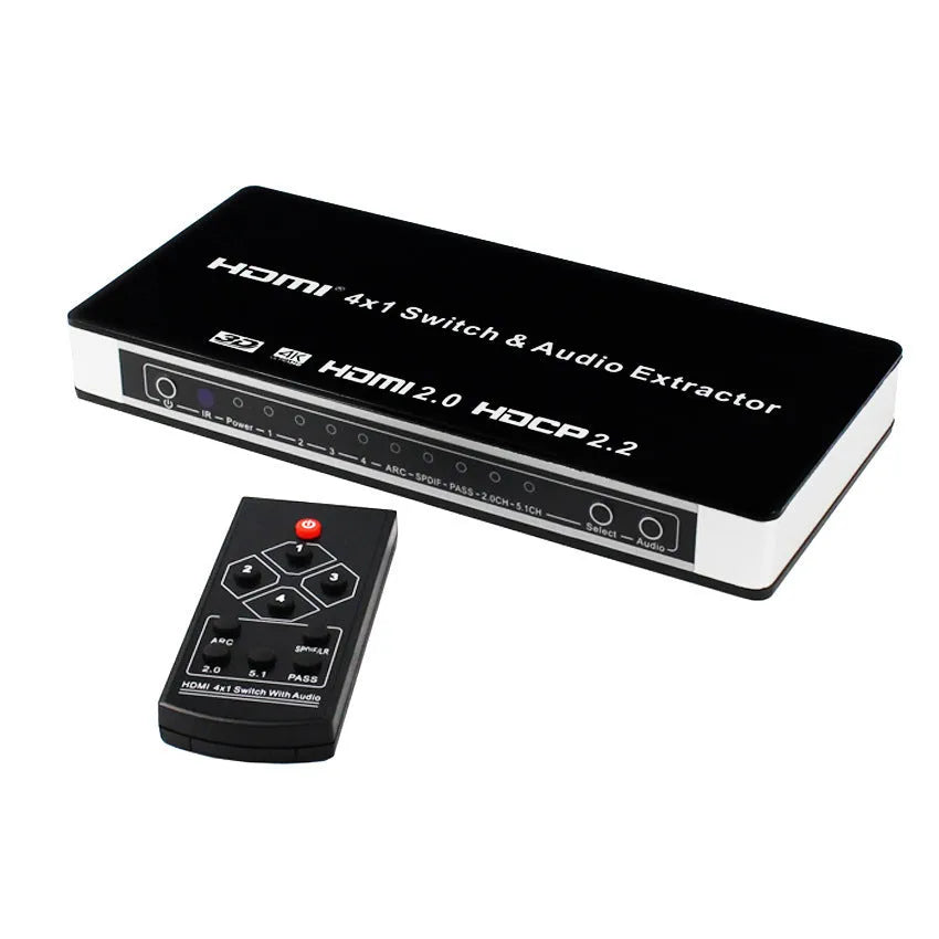 Black HDMI switch unit with remote control for four input, one output audio separation.