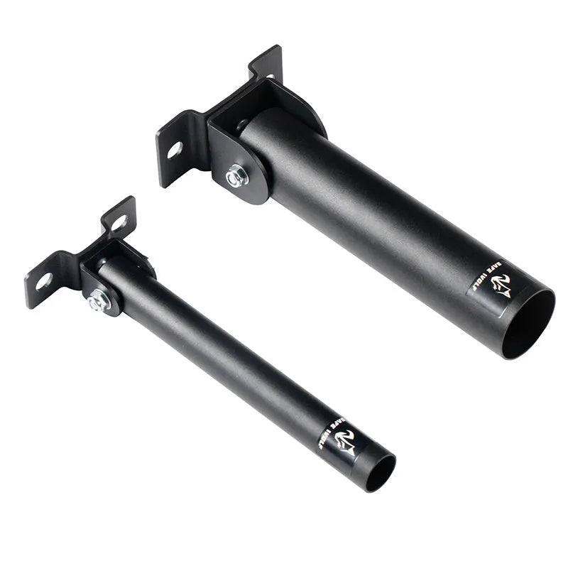 Steel pipe wall rack holding multiple barbell rods, with two inner diameter size options shown.