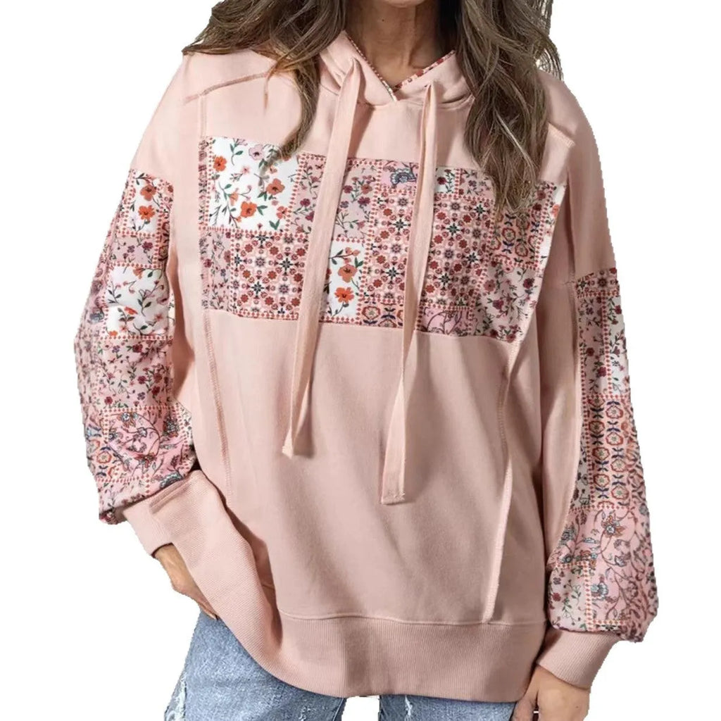 Women's pullover hoodie with drawstrings, long sleeve loose printed sweatshirt in pink or orange