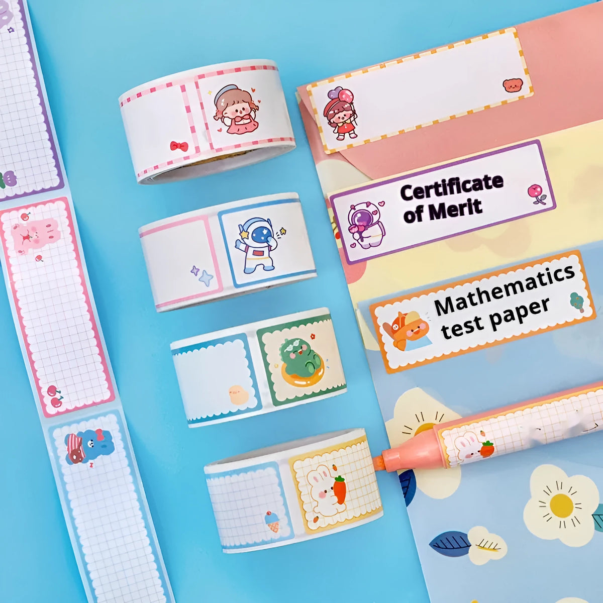 Roll of cartoon tape name stickers with dinosaur astronaut rabbit girl print designs for organisation