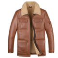 Champagne sheepskin trench coat with lapel collar, midi length, slim fit, and multiple pockets for winter.