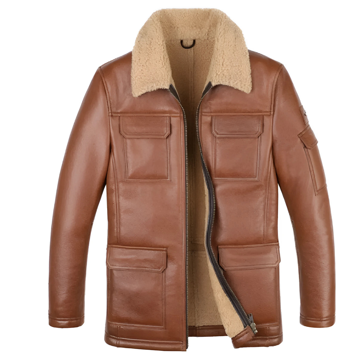 Champagne sheepskin trench coat with lapel collar, midi length, slim fit, and multiple pockets for winter.