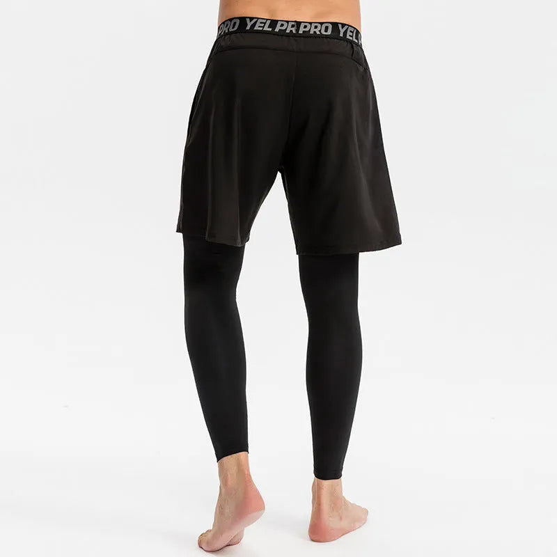 Men's tight grey sports pants made from quick-drying polyester spandex fabric for running and fitness.