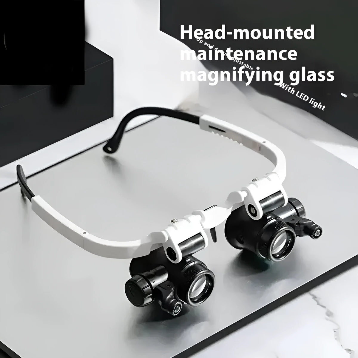 White head-mounted magnifying glass with 30mm lenses, shown both unfolded for use and folded for storage