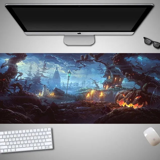 Oversized Halloween gaming mouse pad showing one of 28 available character designs on rubber cloth surface