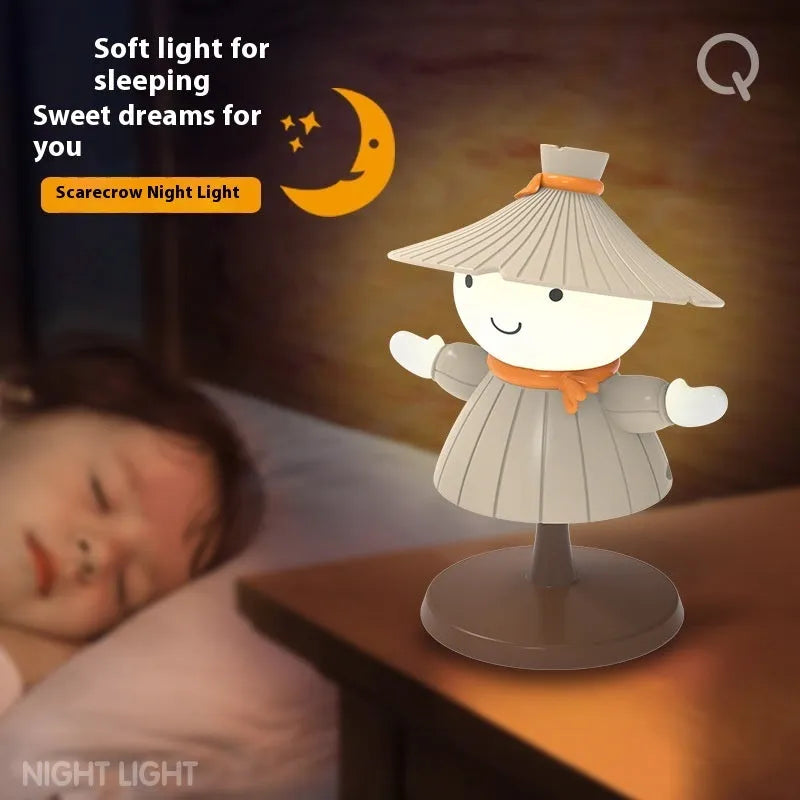 Cartoon scarecrow night lamp in brown, pink, or green with USB cable and dimmable bedside light