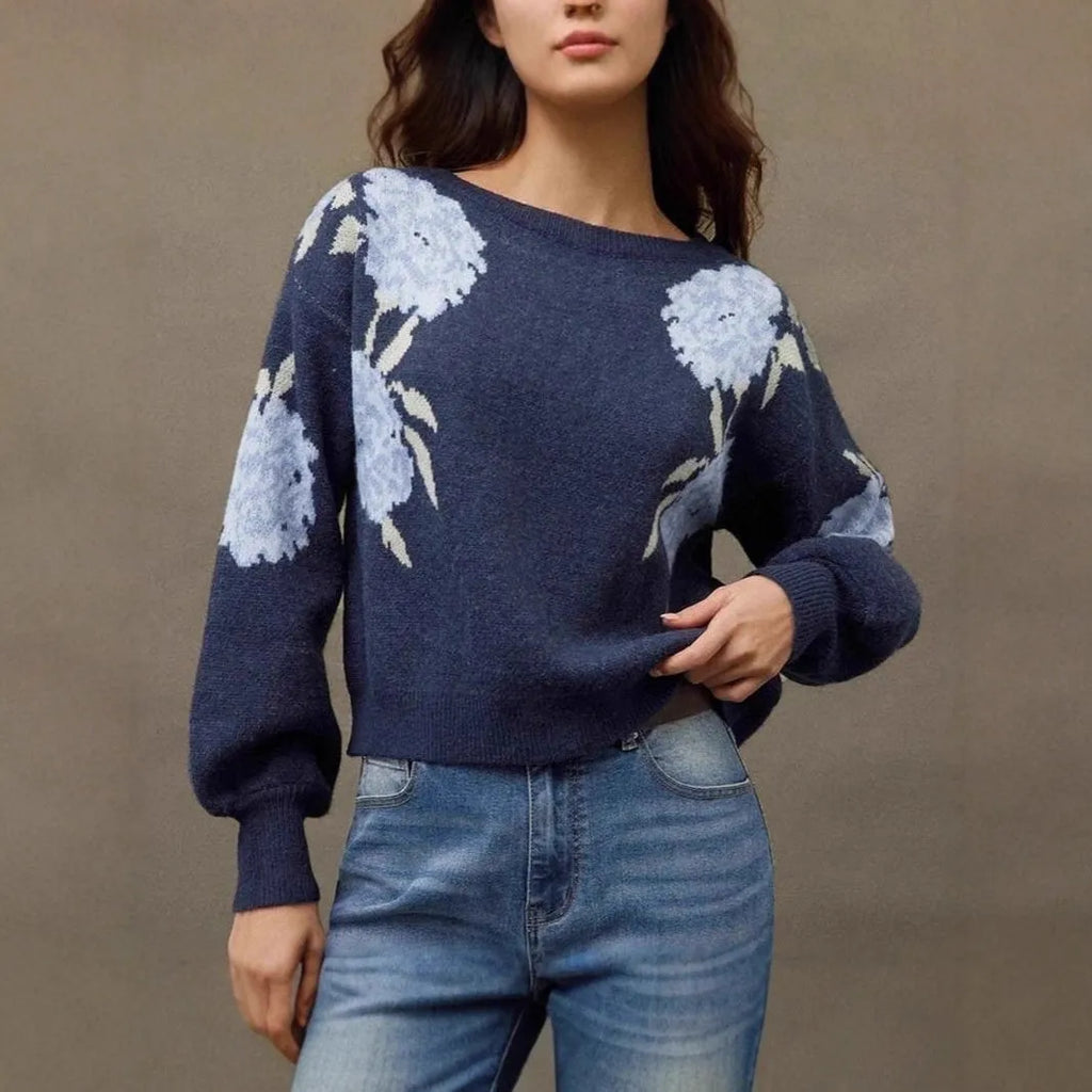 Sapphire Blue women's loose pullover with off-neck and floral jacquard pattern