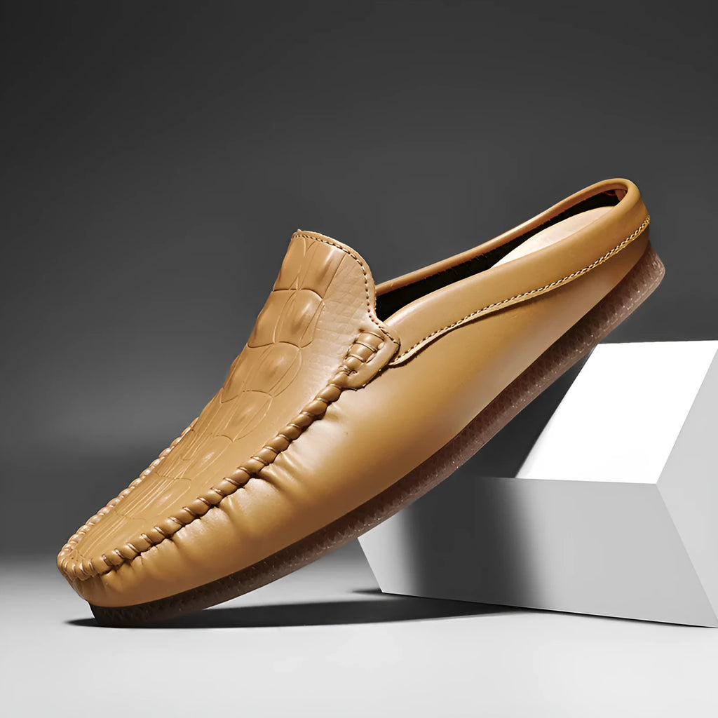 Men's black semi-slippers with a breathable artificial PU upper and a patterned rubber gommino sole.