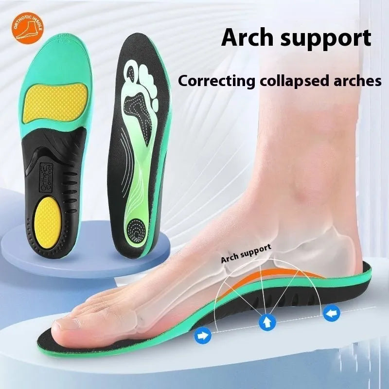 Blue and green flat foot correction PU foam insoles showing arch support pad, with universal size markers.