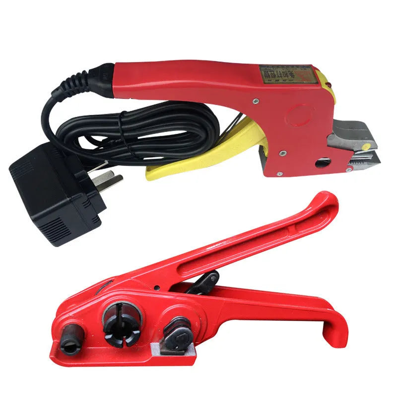 Electric hot melt packing machine suit with plastic steel tensioner and yellow packaging tape