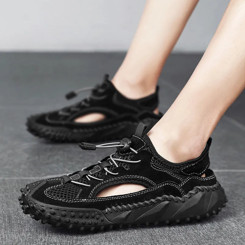 Men's black leather mesh sports sandals with elastic band and rubber sole.