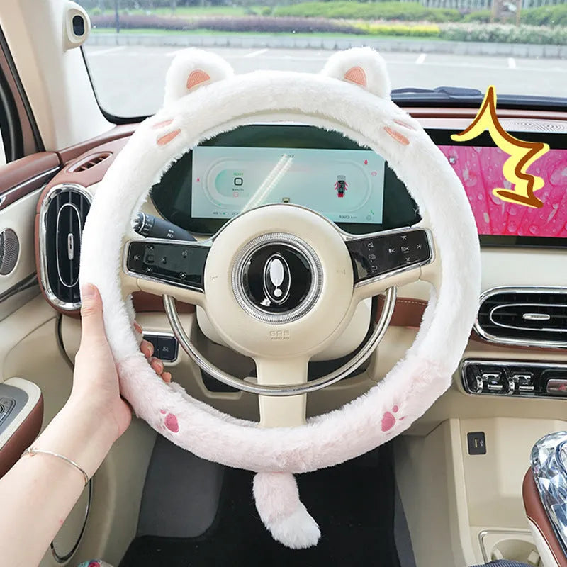 Plush rabbit fur steering wheel cover with cartoon embroidery in 38cm diameter for winter use
