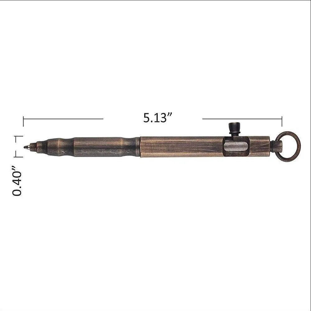 Brass tactical pen with hexagonal bolt design and machine gun aesthetic on a dark background.