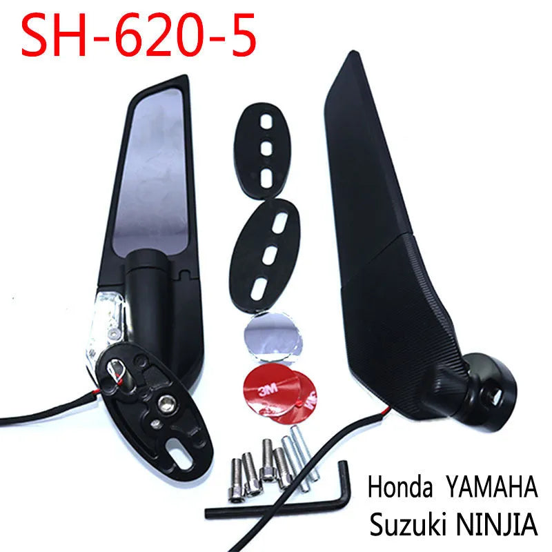 Pair of yellow motorcycle rearview mirrors with convex glass lenses and integrated LED running lights.