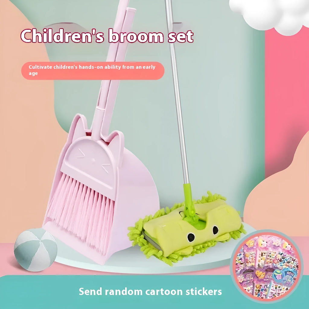 Purple broom and dustpan set with rotating brush holder on plastic handle