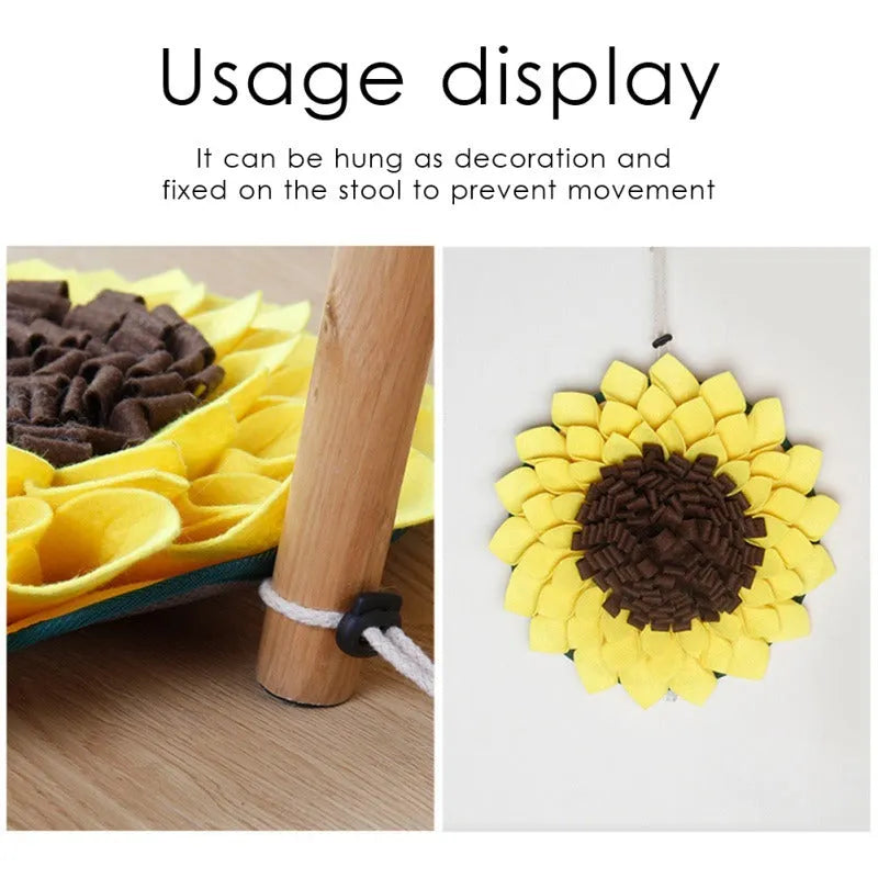 Yellow sunflower shaped dog snuffle mat with fleece petals for hiding treats during nosework training