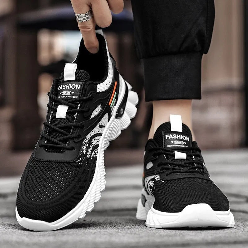Men's white blue platform casual running shoes with cross strap design on breathable mesh upper