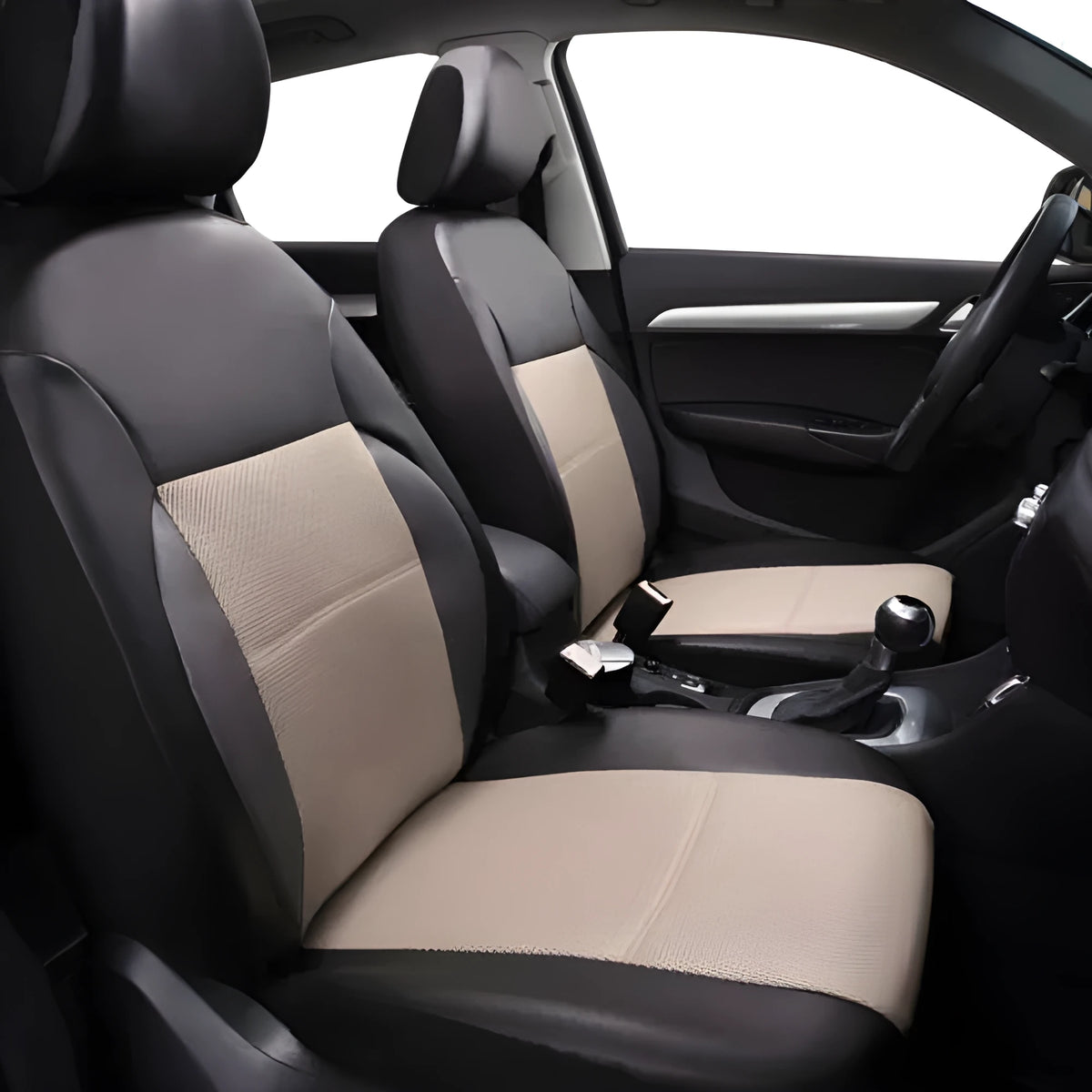 Artificial leather car seat cover set shown in a choice of colours including black, grey and beige.