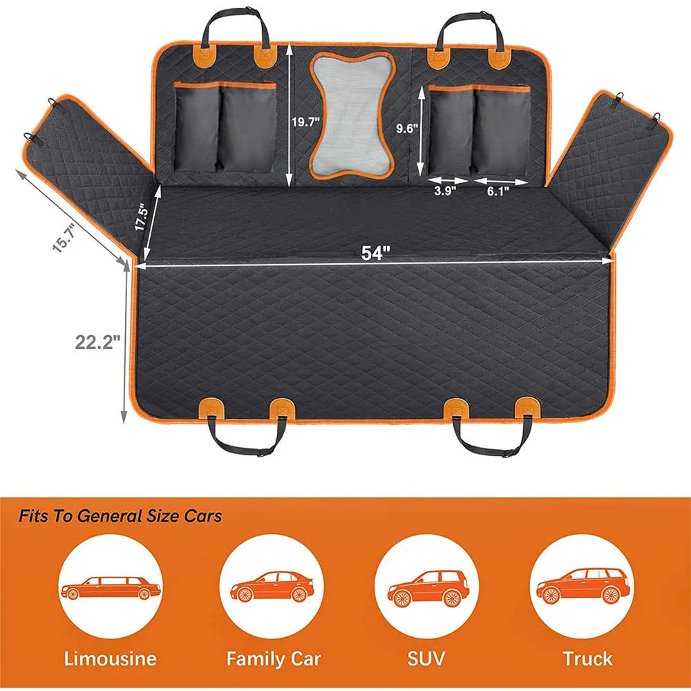 Black and orange edged waterproof pet car mat laid flat, showing mesh window and rear accessory pocket
