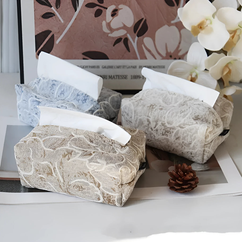 Chinese style floral cotton tissue box in beige, blue or brown measuring 17x11x7cm
