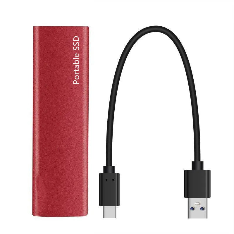 Ultra-thin metal mobile SSD external hard drive in red, black, blue, and silver colour options.