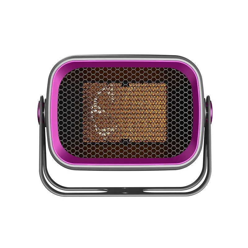White desktop ceramic heater with rotating base and push-button controls on a wooden desk.