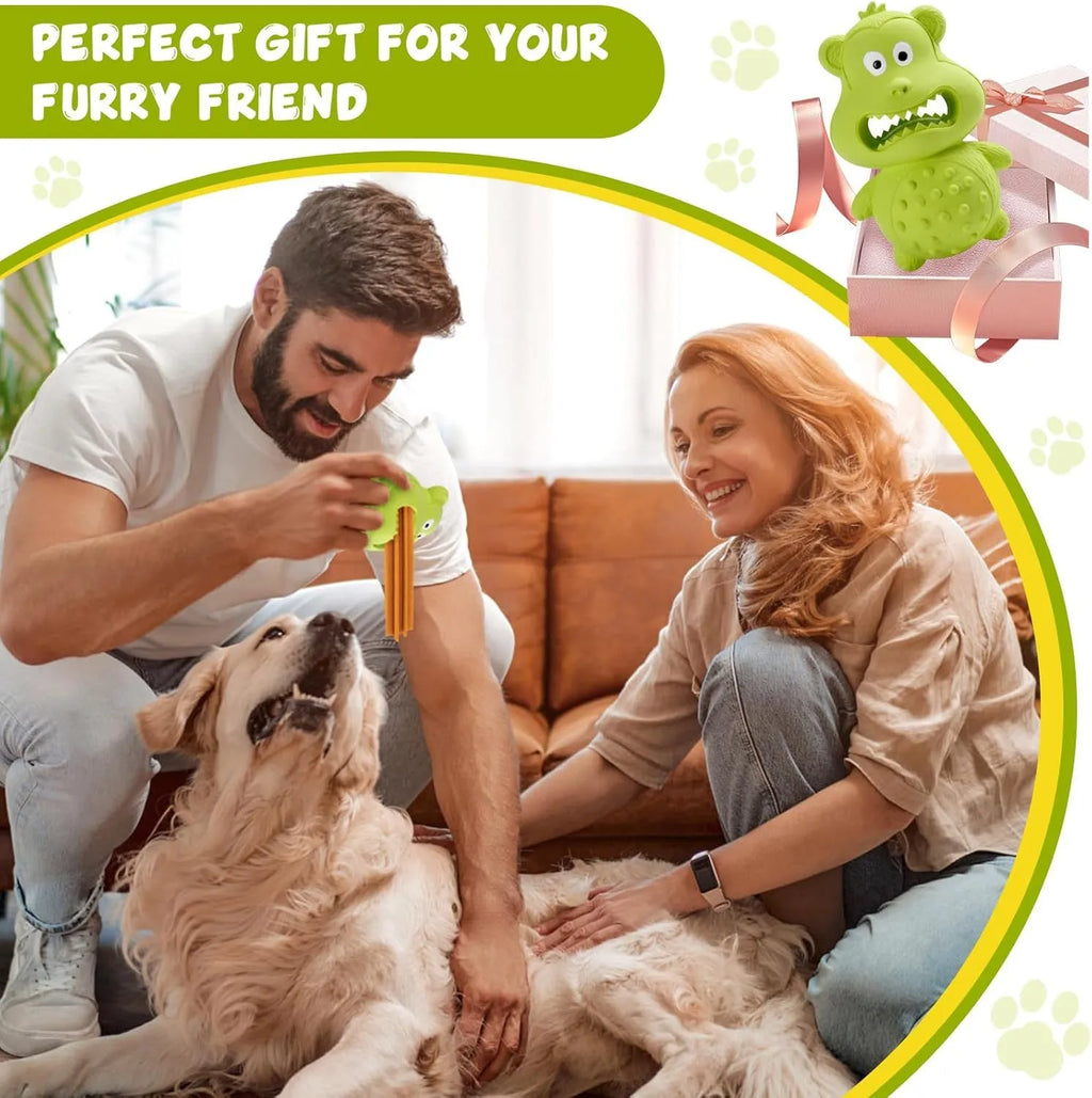 Green and yellow natural rubber squeaky dog chew toy for large breed aggressive chewers.