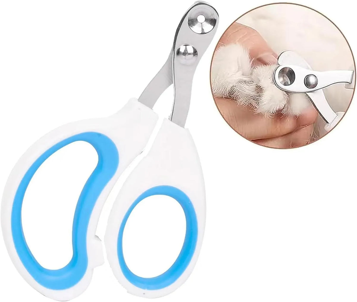 Blue cat nail clippers with circular cutting hole and cushioned handle on a white surface.